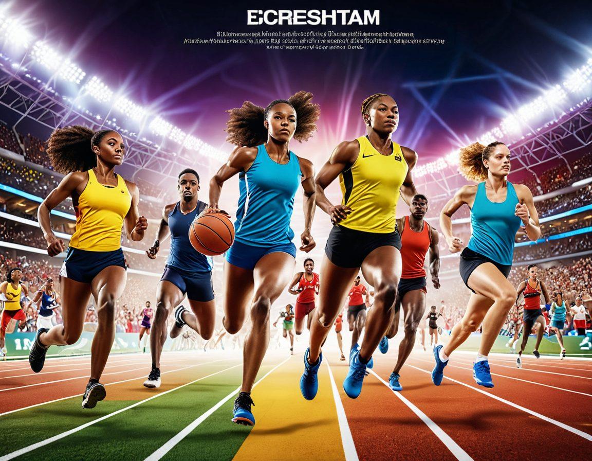 A dynamic scene showcasing diverse athletes engaged in various sports, surrounded by trend charts and fitness gear, symbolizing the pulse of athletics. Include a blend of live sports action shots with an energizing atmosphere, featuring vibrant colors that excite and inspire. Overlay symbols of technology and fitness trends, creating a sense of movement and energy. Incorporate a backdrop of a stadium filled with cheering crowds to capture the thrill of live sports. super-realistic. vibrant colors. energetic atmosphere.
