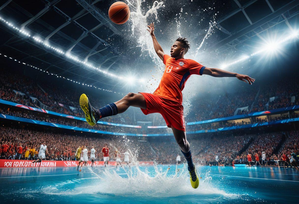 A dynamic scene capturing diverse sports in action, featuring a soccer player shooting a goal, a basketball player making a dunk, and a swimmer diving into water, all surrounded by enthusiastic fans cheering in a stadium atmosphere. The vibrant colors reflect energy and excitement, with digital elements showing live score updates and stats in the background. super-realistic. vibrant colors. high-energy composition.