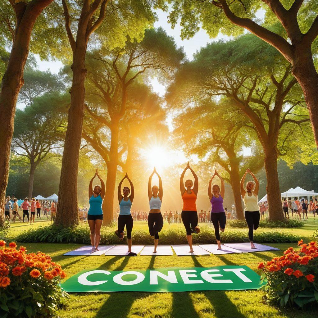 A diverse group of enthusiastic fitness enthusiasts gathered in a park, sharing tips and engaging in various exercises like yoga, running, and weightlifting. Include a vibrant banner overhead that reads 'Connect with the Community'. The sun sets in the background, casting a warm golden glow over the scene. Incorporate elements of nature like trees and flowers to enhance the communal vibe. super-realistic. vibrant colors. natural setting.
